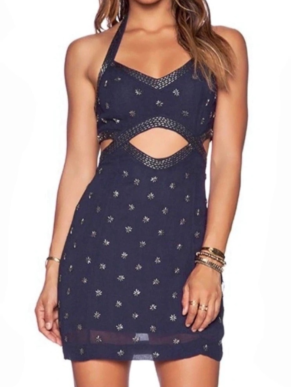 Free People Beaded Halter Mini Dress Blue